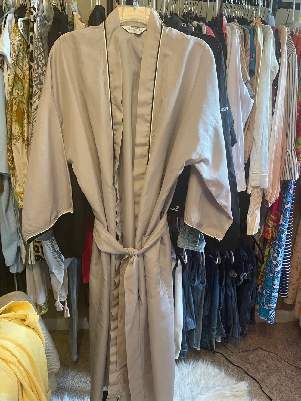 Dior Satin-Trim Kimono Robe in Light Taupe
